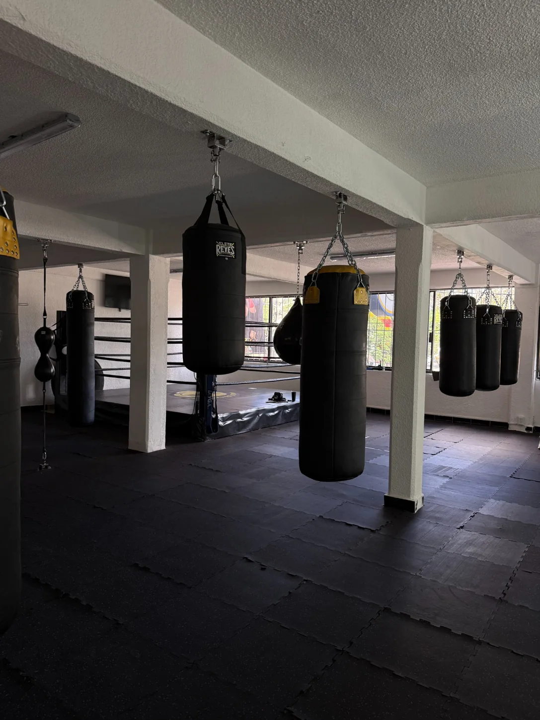 Zona de costales Cleto Reyes y piso de entrenamiento en JK Boxing Gym