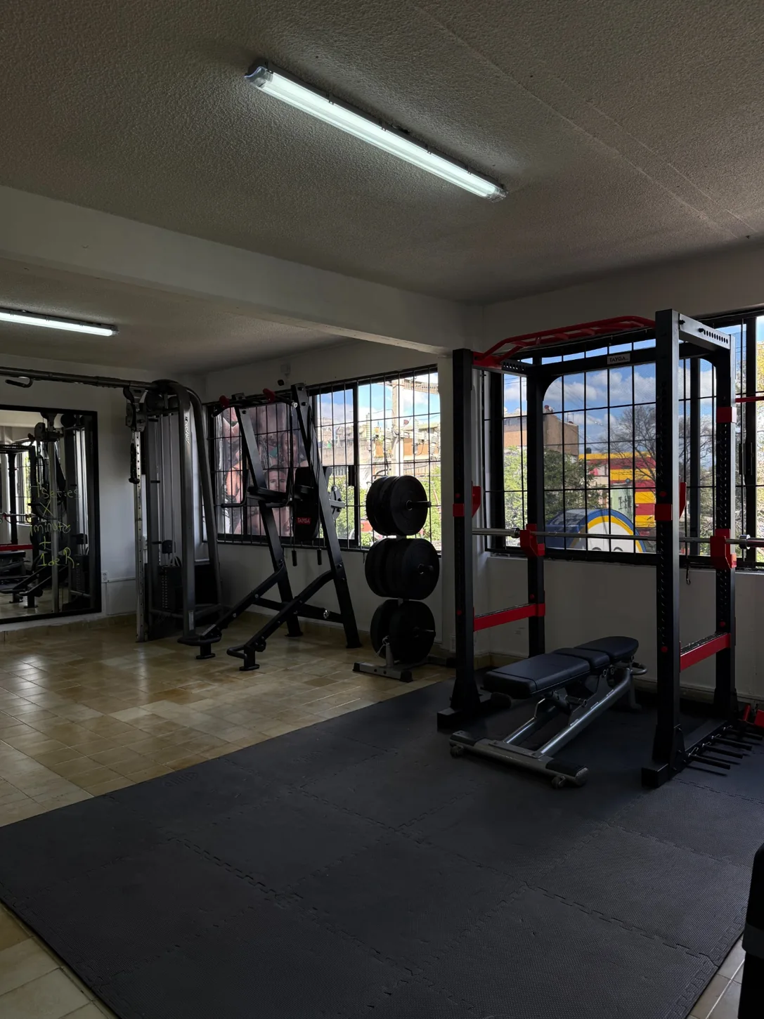 Área de pesas y entrenamiento de fuerza con rack y banco